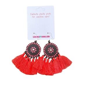 Earrings by Emma antique gold tone circle & coral red Tassel pierced Earrings